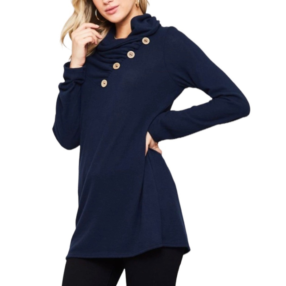 Flamingo Navy Blue Fleece Mock Neck with Button Accent Top